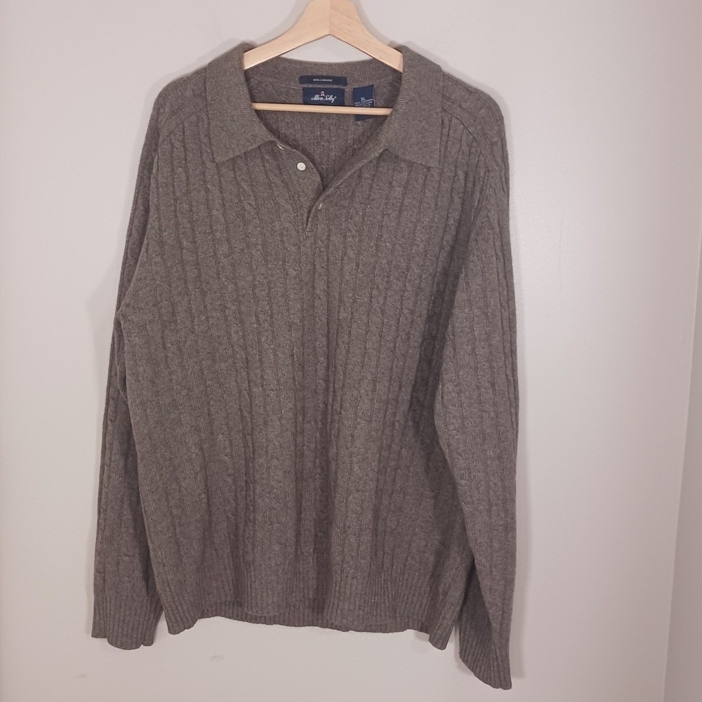 Allen Solly 100% Cashmere Sweater Mens XL Brown Cable Knit Collared Pullover